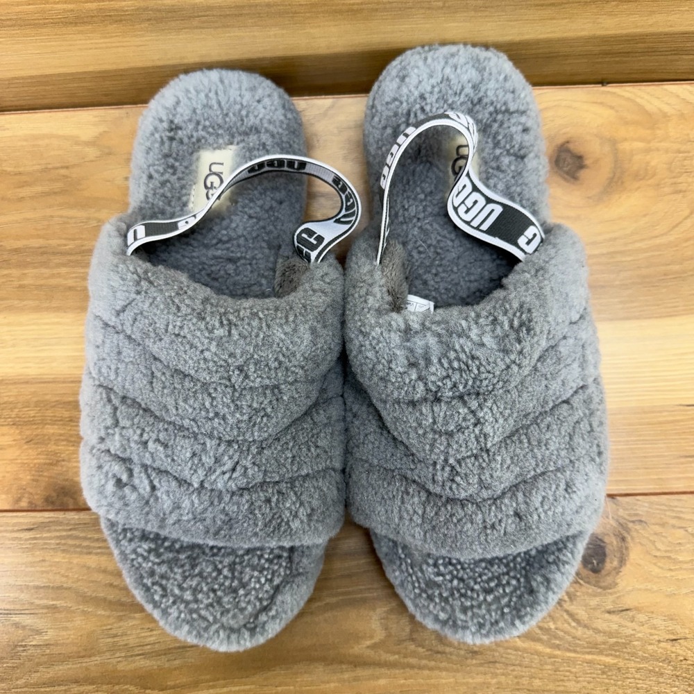 UGG Fluff Yeah Slingback Youth Big Girls Size 6 Gray Shearling fur Slippers Cozy